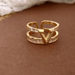 Fashion Designer Electroplated Zircon V Letter Double Layer Open Ring Luxury Jewellery Letter Rings