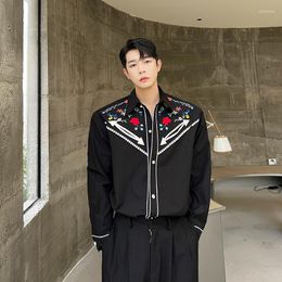 Men's Casual Shirts Men Vintage Fashion Loose Long Sleeve Flower Embroidery Male Korean Streetwear Black Blouses
