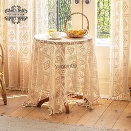 Table Cloth American style garden cotton woven tablecloth Lace hollow crochet tassel tablecloth French style cover cloth vintage tablecloth HKD230818