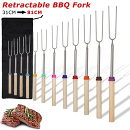 BBQ Tools Accessories Barbecue Meat Fork Wooden Handle Stainless Steel 31inch Telescopic Ushaped Multiple Colors Outdoor Party Camping Tool 230817