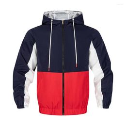 Men's Jackets Hooded Drawstring Men Jacket Coat Stylish With Patchwork Design Long Sleeve Zipper Placket For Spring