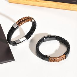 Link Bracelets Double Layer Round Genuine Leather For Men Black Braided Bangle Fashion Jewellery Gentle Wristband To Boys Male