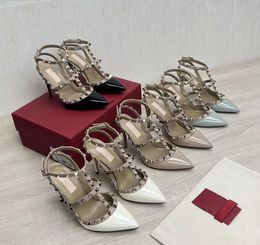 Marka yaz stiletto ayakkabıları perçin yüksek topuklu düşük topuklu kadın perçin sandalet ziyafet düğün partisi perçin dantel toz çanta 6 8 10cm