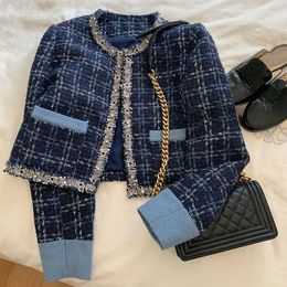 Womens Jackets KUSAHIKI Tweed Short Coat Women Fashion Elegant Outwear Cardigan Tops Korean Causal Oneck Long Sleeve Open Stitch 230817