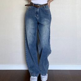 Women's Jeans 2023 Retro Loose Casual Straight Leg Pants Y2k Street Dark Blue High-waist Full Lenght Women Denim