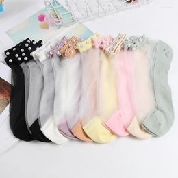 Women Socks DONG AI 1 Pairs Pearl Crystal Glass Silk Boat Sock Summer Elasticity Transparent Thin Ankle