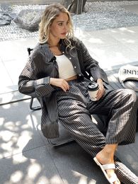 Womens Two Piece Pants Women Casual Summer Striped Blouse Pant Clothing Sets Pink Khaki Black 230817