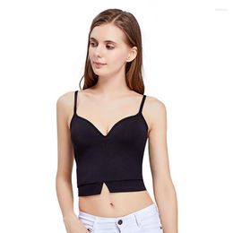 Women's Tanks White Bra Tank Tops Women V Neck Sexy Backless Solid Elastic Wireless Built-in Casual Camisole Padded Summer Croptop Tan