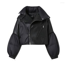 Women's Leather Women 2023 Design Padding Jacket Genuine Sheepskin With White Duck Down Crop Coat Thick Warm ZM5172