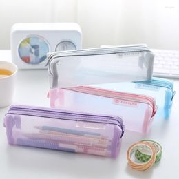 School Mesh Pencil Cases Kawaii Cute Solid Colour Transparent Box Student Pen Bag Supplies Stationery