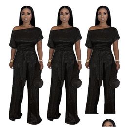 Women'S Jumpsuits Rompers Womens Elegant Super Laser Sequins Women Slash Neck Short Sleeve Wide Leg Casual Sequined 2021 Overalls Dhujz