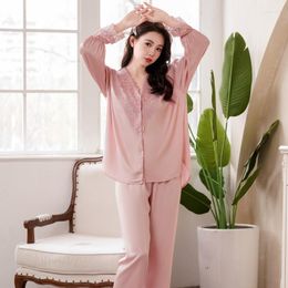 Women's Sleepwear Lace Edge Home Wear Solid Color Clothing Comfort Pajamas Set Long Sleeve V Neck Nightwear Silky Sexy Nuisette Femme