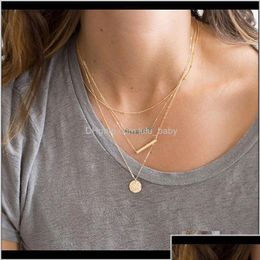 Pendant Necklaces Pendants Jewelryvisunion 316L Stainless Steel Simple Coin Charm Grey Crystal Beaded Minimal Chain Mti Layer Necklace Dhkmx