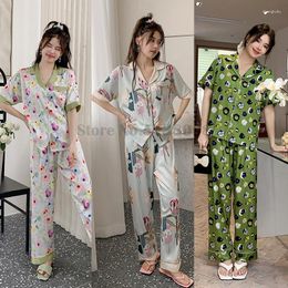 Women's Sleepwear Summer Pyjamas Suit Sexy Lapel Sweet Satin Thin Style Printed Short Sleeve Trousers Two-Piece Set Loose Casual Home Wear