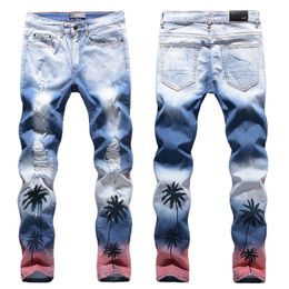 Mens Jeans High Street Stylish Coconut Tree Printed Denim Pants Colour Spray Knee Holes Brand UltraStretch Slim Ripped Stretch 230817