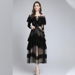 Casual Dresses Spring Black Midi Skirt Temperament Fashion Solid Colour Commuter Lace Perspective Hook Flower Hollow Long Dress