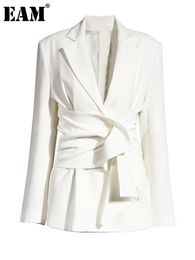 Womens Suits Blazers EAM Women White Belted Pleated Irregular Big Size Blazer Lapel Long Sleeve Jacket Fashion Spring Autumn 1X343 230817