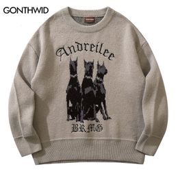 Men's Sweaters Men Vintage Sweater Y2K Streetwear Hip Hop Knitted Doberman Dog Autumn Harajuku Fashion Retro Casual 230817