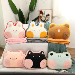 Plush Pillows Cushions 40cm*30cm Kawaii Squishy Down Cotton Filled Forest Animal Plush Doll Bear Frog Rabbit Cat Pig 2 In 1 Flannel Blanket Children 230817