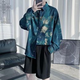Men's Casual Shirts Vintage Tie Dye Fragmented Flower Print Long Sleeve For Men Trendy Loose Hip Hop Shirt Young Boys Tops Clothes