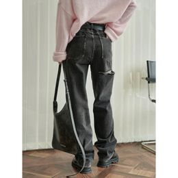 Pantaloni casual slim larghi da donna Jean Street Style grigi a gamba larga Autunno 230817