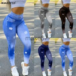 Women's Jeans Women Faux Denim Leggings High Waist Jeans Pants Slim Elastic Seamless Skinny Sports Pencil Pant Female Workout Running Trousers J230818