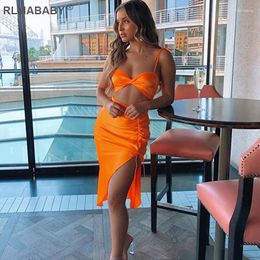 Work Dresses RLMABABY 2 Piece Set Women Twist Bandage Crop Top Drawstring Skirts Zipper Satin Summer Dress Suit Night Club Clothes