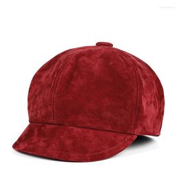 Ball Caps Winter Feminina Genuine Leather Berets Women Lady/Student Real Suede Gorras Red/Purple Bob Hip-hop Hat Street