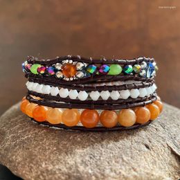 Charm Bracelets 4Unik Top Quality Orange Aventurine Crystal Beads Leather Wrap Bracelet Vintage Handmade Weave Drop4UN-B342