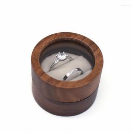 Jewellery Pouches Retro Wooden Ring Box Portable Transparent Window Earrings Storage Organiser Round Wedding Gift Packaging