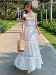 Casual Dresses Sexy Spaghetti Strap Boho Dress Vintage Sleeveless Lace Patchwork Maxi For Women Vestidos Midi Holiday White