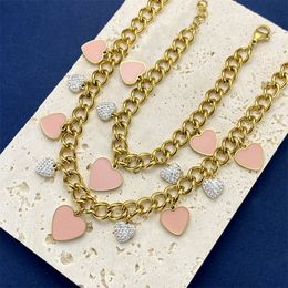 T letter Titanium Steel Pink Enamel Peach Heart Full Diamond Love Pendant Bracelet Vintage Thick Chain Cuban Necklace T787
