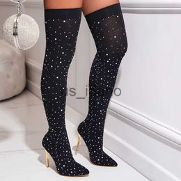 Boots Xibeilove New Elastic Thin Mesh Boots Rhinestone High Knee High Fashion Street Banquet Artefact Large Women's Boots J230818