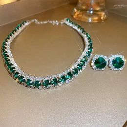 Necklace Earrings Set Trendy Luxury Sets For Women Charm Green Crystal Choker Bride Wedding Party Jewellery Accessories