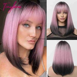 Synthetic Wigs Black Pink Medium Straight Synthetic Wig with Bangs Short Bob Gray Pink Ombre Wigs for Women Afro Cosplay Heat Resistant Hair HKD230818