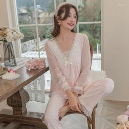 Women's Sleepwear Sweet V-Neck Lace Floral Pajamas Sets Women Modal Court Style 2Pcs Mesh Sleep Suit Fairy Shirt&pants Cozy Home Clothing