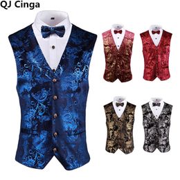 Men's Vests Gold Steampunk Vest Men Suit Gilet Homme Wedding Sleeveless Slim Plus Size Floral Dress Vests for Men Single Buttons Waistcoat 230817