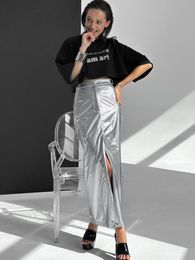 Skirts Women Skirt Autumn Reflective Fabric Silver Straight All Match High Waist Split Long For Clothing 230817