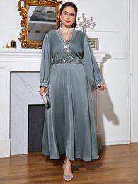 Plus Size Dresses Women Maxi Dress 2023 Spring Turkish Chic V-Neck Elegant Outfit Blue Long Sleeves With Belt Arab Muslim Clothing