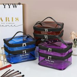 Cosmetic Bags Cases Fashion PVC Transparent Storage Handbag Double Layer Waterproof Zipper Women Square Travel Insert Toiletry Makeup Bag 230817
