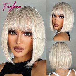 Synthetic Wigs Grey Platinum Short Straight Synthetic Bob Wigs White Blonde Hair with Fluffy Bangs for Women Cosplay Daily Heat Resistant Wig HKD230818