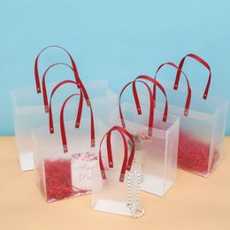 PP Plastic Bag With Red handle PVC Transparent frosted Gift Bag For Party Wedding Christmas Wholesale LX6039