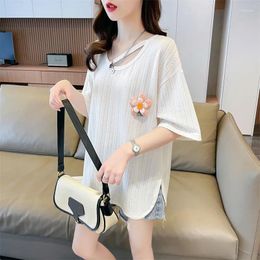 Women's T Shirts Design Sense Short Sleeve T-Shirt Mid Length 2023 Summer Loose Versatile Chic Hong Kong Style Top Trend
