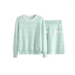 Women's Sweaters Long Sleeve Two Piece Dress O-neck Mint Green Colour Rhinestone Patched Sweater And Short Skirt Twinset