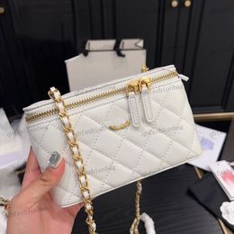 23 Women Makeup Bag Leather Diamond Check Gold Hardware Metal Buckle Jewel Chain Luxury Handbag Crossbody Bag Shoulder Bags With Mirror Narrow Purse Sacoche 17x11cm