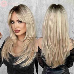 Synthetic Wigs 7JHH WIGS Natural Long Straight Ombre Wigs Synthetic Light Blonde Wig for Woman Daily Cosplay Middle Part Heat Resistant Fiber HKD230818