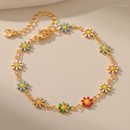 Link Bracelets Ethnic Style Dripping Oil Hand-painted Craft Colourful Flower 18k Gold Plated Metal Chain Women Bracelet Pastoral Holiday