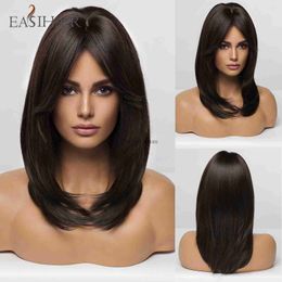 Synthetic Wigs EASIHAIR Dark Brown Wigs with Bangs Layered Synthetic Wigs for Women Medium Length Cosplay Wigs Heat Resistant Daily Wig HKD230818