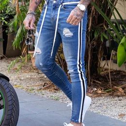 Men's Jeans Men Skinny Biker Destroyed Frayed Fit Denim Ripped Side Stripe Pencil Pants Hip Hop Streetwear S 3XL 230816