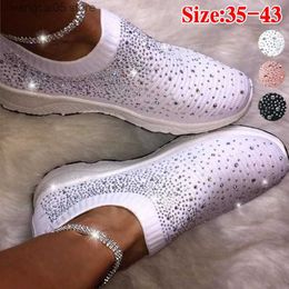 Dress Shoes New Ladies Sneakers for Women Bling Crystal Fashion Shoes Casual Slip on Sock Trainers Woman Vulcanize Shoe Sport Mesh Flats T230818